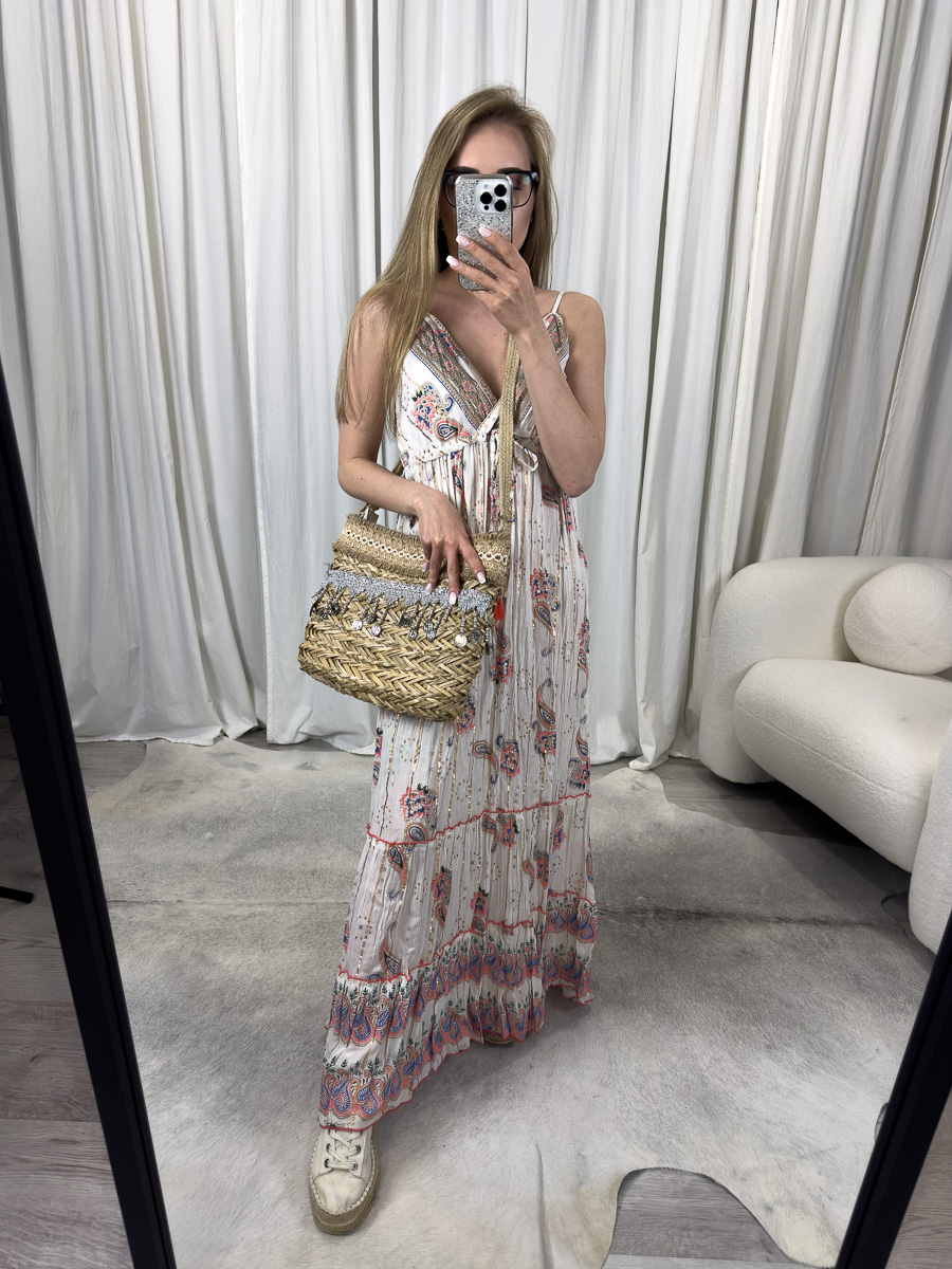 Sukienka maxi Celeste morelowa – kobieca letnia sukienka boho z paisley printem, ramiączka, talia z troczkiem, pastelowy kolor