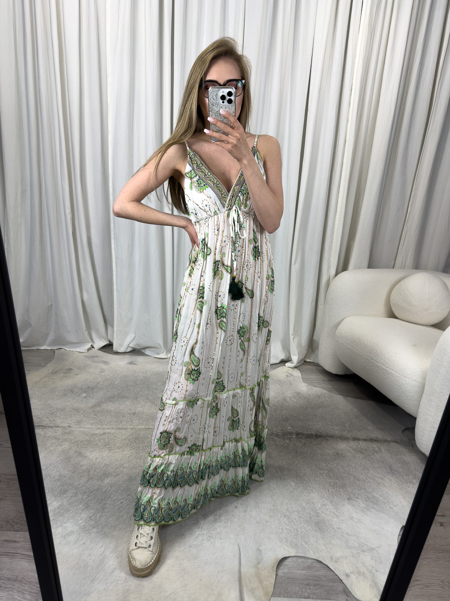 Sukienka maxi Celeste zielona – zwiewna sukienka w stylu boho na ramiączkach, wzór paisley w zieleni i beżu