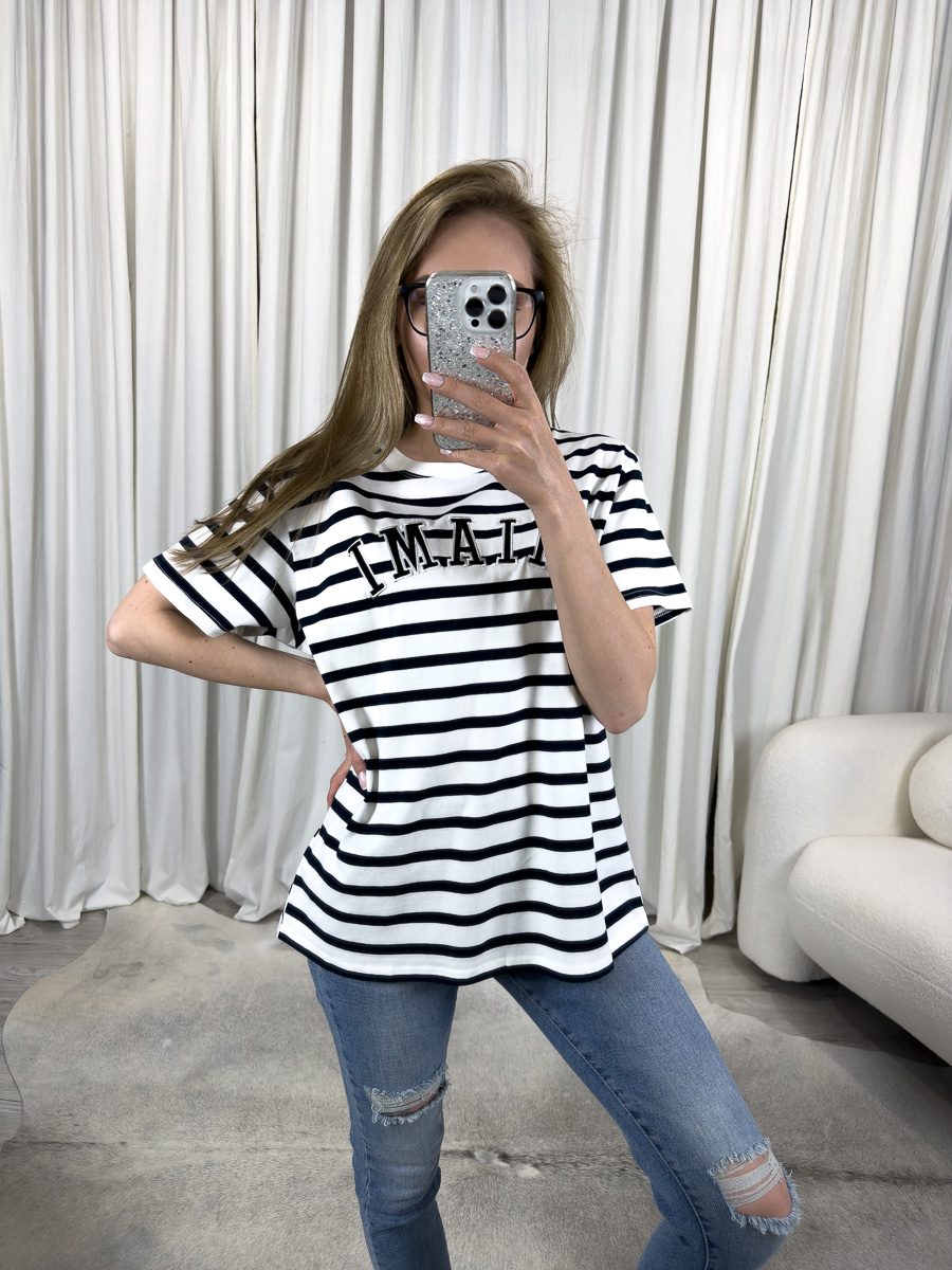 -shirt Malibu granatowy w pasy z nadrukiem, prezentacja przód.