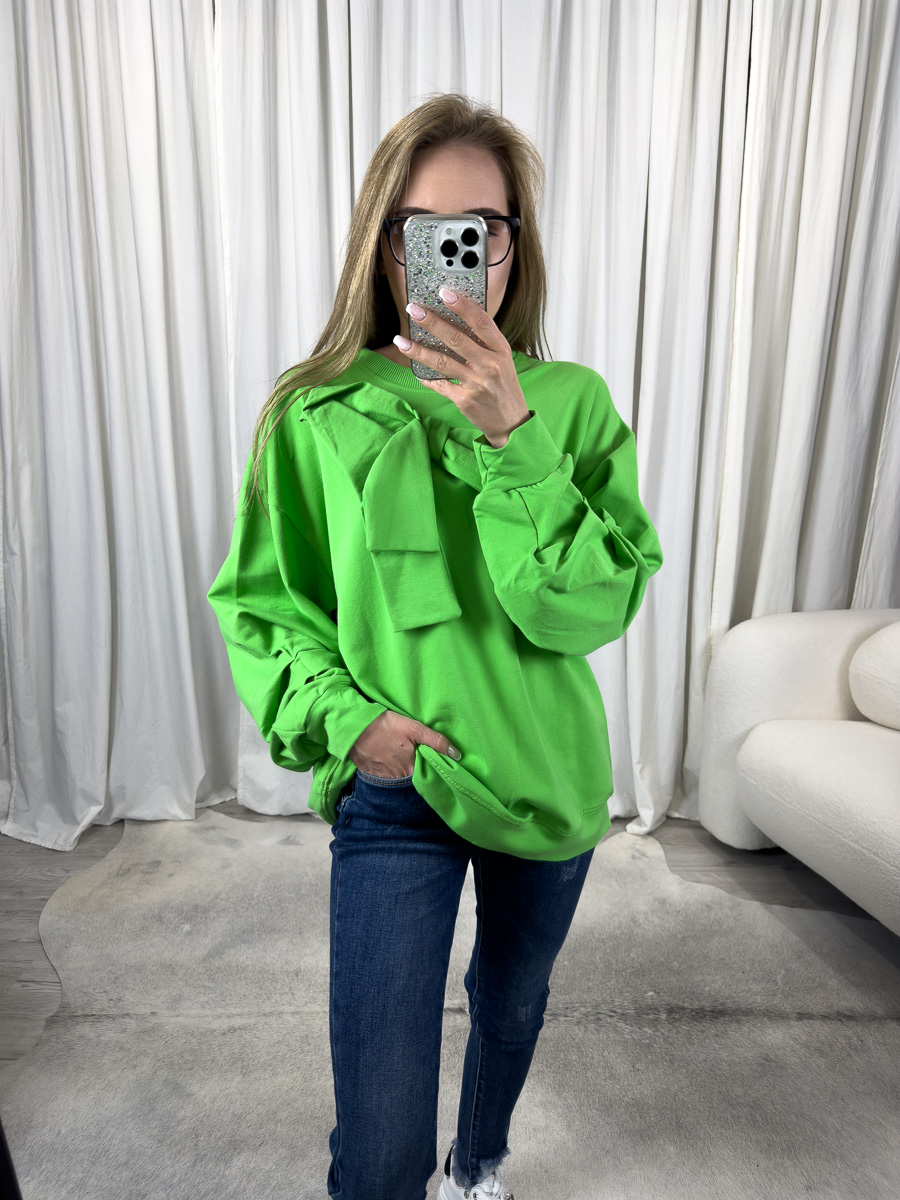 Bluza Zoe zielona damska z ozdobnym wiązaniem, oversize, butikdamski.pl