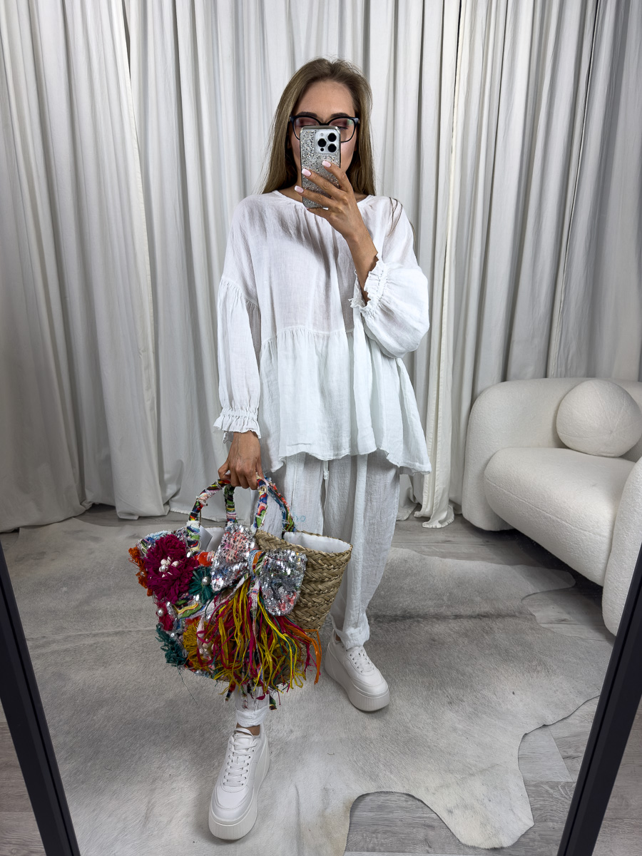 Stylizacja z lnianym kompletem Ina Wiya w jasnym odcieniu – lekka, letnia moda z naturalnych materiałów