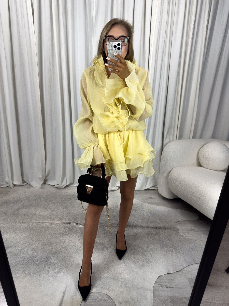 Modelka w sukience mega mini Fleurs z ozdobną aplikacją kwiatową, przezroczystą bluzką i rozkloszowanym dołem, zestawiona z paskiem, szpilkami i czarną torebką – zdjęcie produktowe do sklepu odzieżowego online.